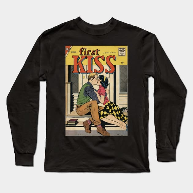 Vintage Romance Comic Book Cover - First Kiss Long Sleeve T-Shirt by Slightly Unhinged